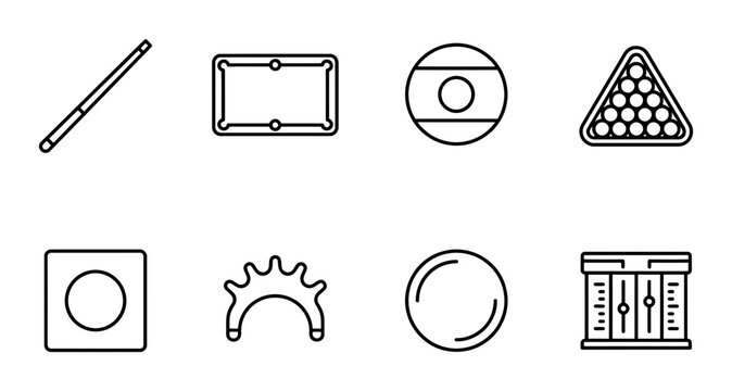 Billiard Icons Set, Pool Game Equipment Vector Graphics, Cue Stick and Balls Collection, Sports Entertainment Elements