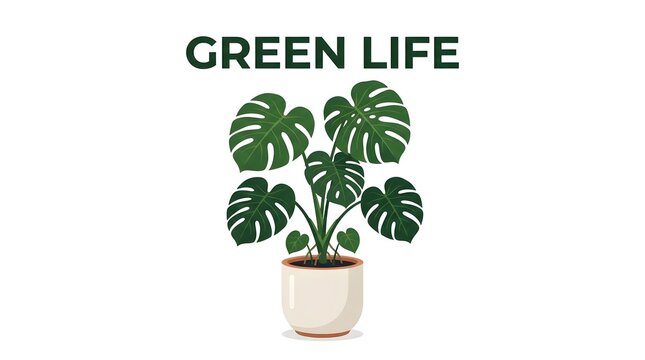 Green life houseplant monstera deliciosa in ceramic pot botanical illustration