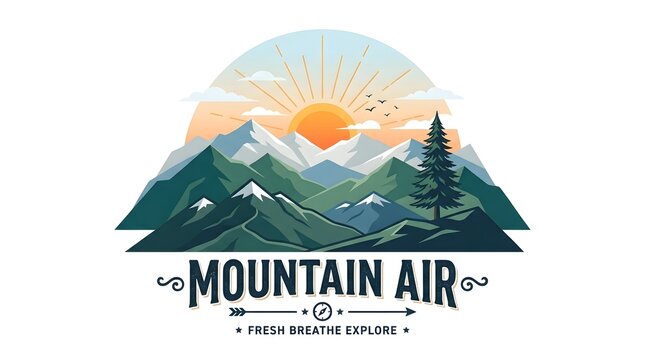 Mountain air adventure logo design featuring sunrise and forest pine trees