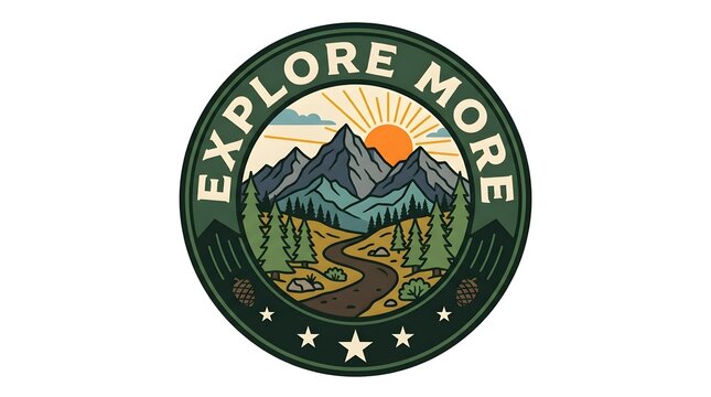 Explore more circular adventure badge featuring mountain trail and sunrise