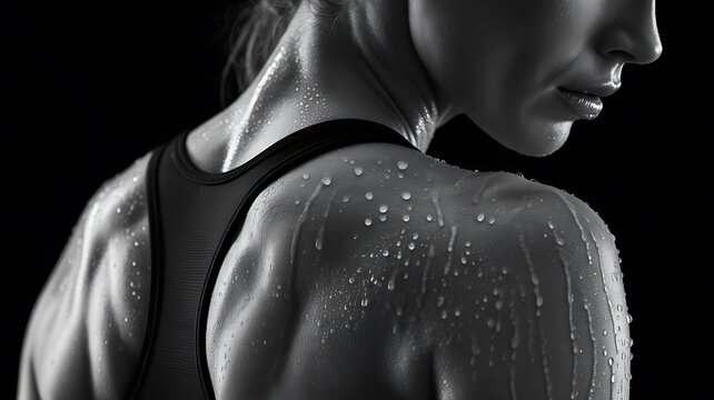 Monochrome portrait capturing sweat droplets glistening on a womans muscular shoulders and back