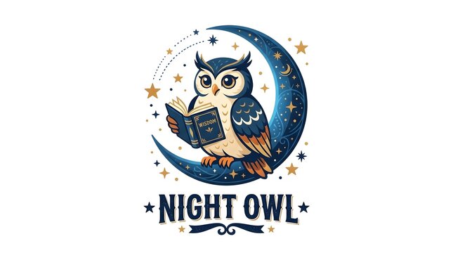 Wise owl reading a book sitting on a crescent moon with night owl text logo