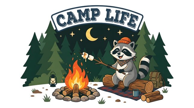 Cute raccoon roasting marshmallows by a campfire at night camp life logo