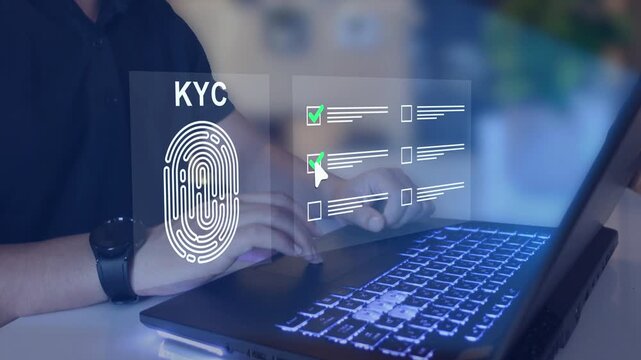 Know Your Customer concept. KYC verification with biometric scan, Personal information for identification technology.