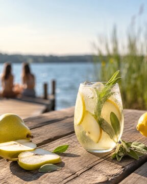Refresco de pera y hierbas en un d&iacute;a soleado junto al lago