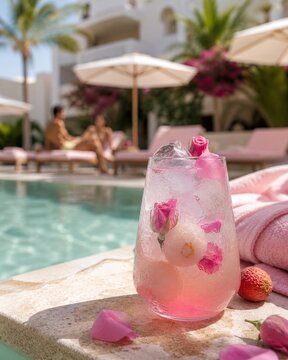 Bebida con flores en un entorno de piscina y descanso