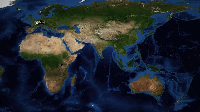 World Map Animation Tracking Airplane Flight Path from Paris to Brisbane