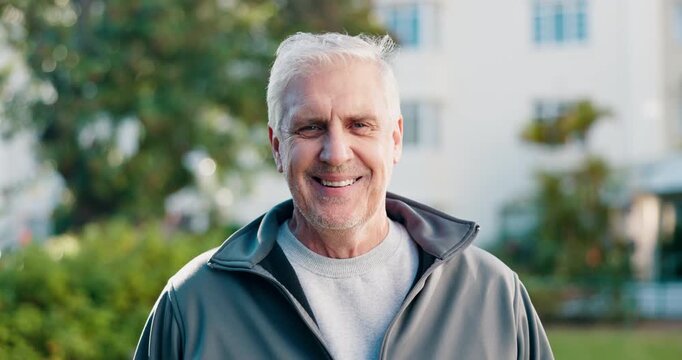 Face, old man and smile outdoor for fitness, pride and exercise for health benefits. Portrait, senior person or happy in backyard for fresh air, positive attitude and retirement activity for wellness