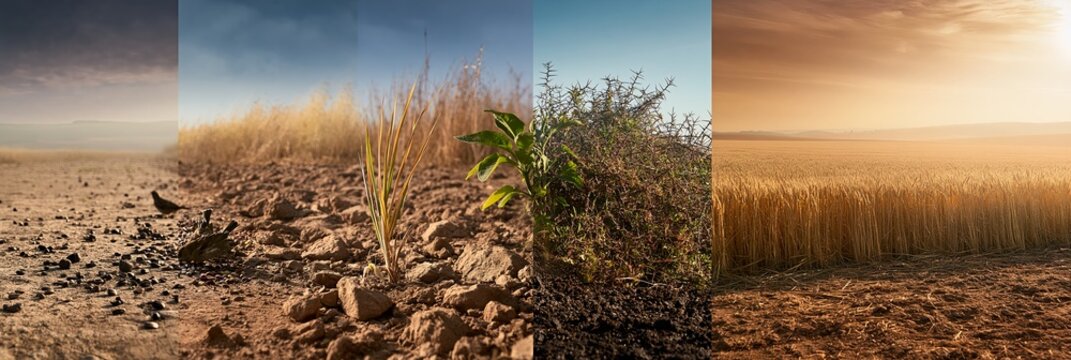 Parable of the sower showing seeds on different soils. Seeds scattered on different types of ground illustrating the biblical parable of the sower