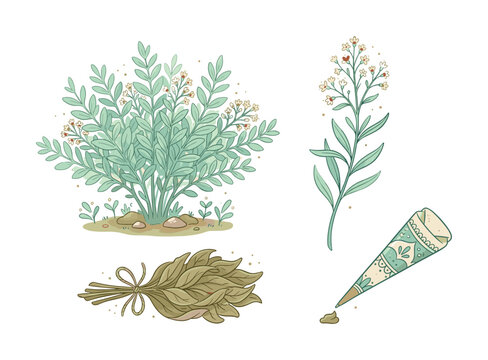 Botanical illustration of henna plant, dried leaves, and mehendi cone