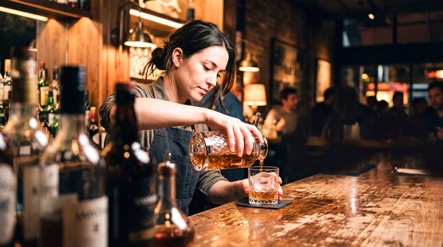 Bartender Pours Whiskey: A focused bartender expertly pours a rich amber whiskey into a glass on a wooden bar, creating a warm and inviting atmosphere.