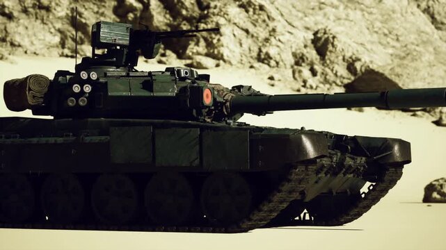 Desert tank on patrol, rocky outcrop, commander hatch closed, long barrel poised forward, dust haze drifting, sunbleached camouflage, tactical tension, military