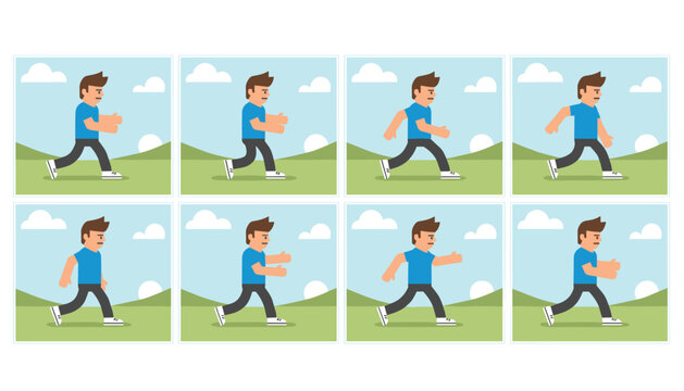 Vector sprite sheet illustrating a character walking cycle animation sequence with eight frames of a man on a grassy hill.