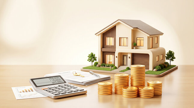 Real Estate Investment: A miniature modern house sits beside a stack of gold coins and a calculator, symbolizing real estate investment, wealth, and financial planning.