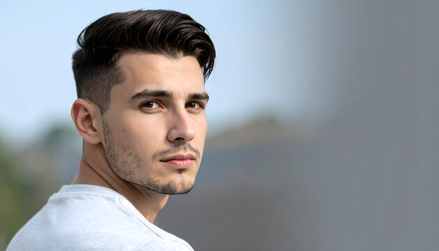 Man standing in portrait wearing grey crewneck creating clean and understated minimalist advertising atmosphere generative AI