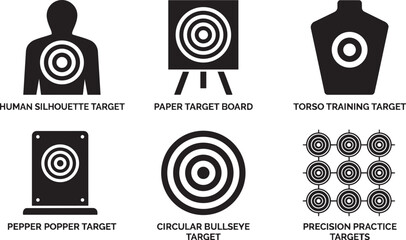 Set of black and white vector icons showing various shooting practice targets and bullseye designs isolated on transparent background © Hamza