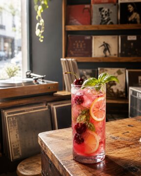 Bebida refrescante en un bar con colecci&oacute;n de discos