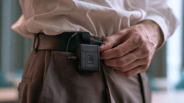 Professional man attaches a small black wireless microphone transmitter to his brown trousers belt loop securely