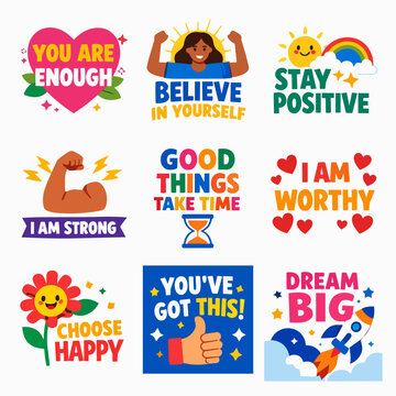 Bright positive affirmation stickers with uplifting quotes, hearts, rainbow, flower, rocket and strength symbols