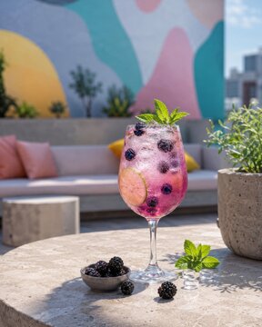 Bebida refrescante con moras y menta en una terraza