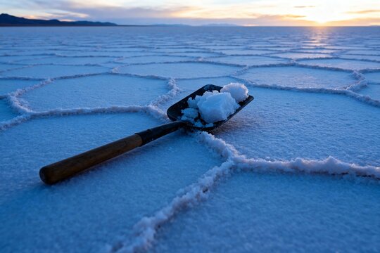 Shovel resting on frozen lake surface with ice polygons at sunset