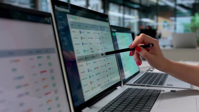 Procurement Manager Using Multiple Computer Screens Analyzing Supplier Data