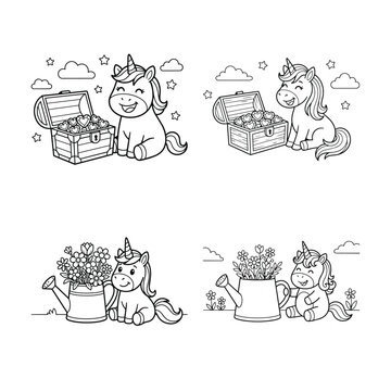 Cute unicorn discovering treasure chest full of hearts and gems. Whimsical fantasy creature exploring magical loot box with joy and wonder.