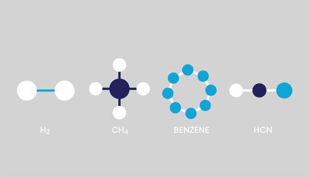 Simple chemical structures chart illustrating molecules of hydrogen, methane, benzene, and hydrogen cyanide on gray.