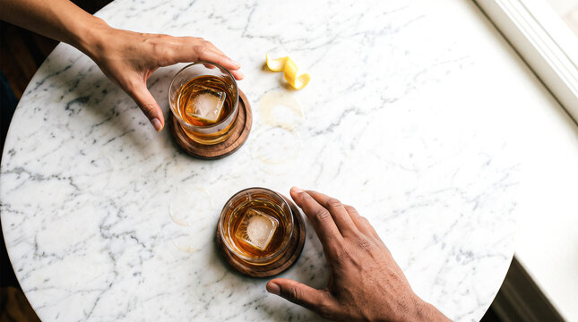 Cheers to Connection: Two hands reach for glasses of amber liquor on a marbled table, suggesting a moment of shared enjoyment and conversation.