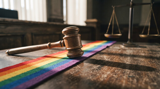 Justice and Equality: A gavel rests on a rainbow ribbon, symbolizing LGBTQ+ rights in a courtroom setting, with scales of justice in the background.