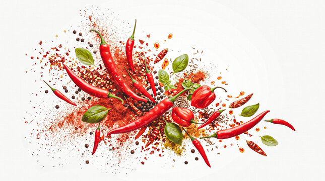 Spicy Symphony: A vibrant explosion of red chili peppers, ground spices, and fresh basil leaves creates a fiery culinary art, perfect for adding zest and flavor to any design.
