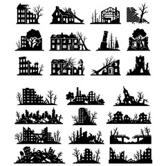 Fototapeta premium Ruined Building and Post Apocalyptic War Destruction Silhouette Set