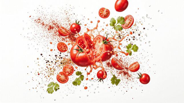 Explosion of Freshness: A vibrant assortment of ripe tomatoes, herbs, and spices erupt in a dynamic splash, celebrating the essence of fresh ingredients.