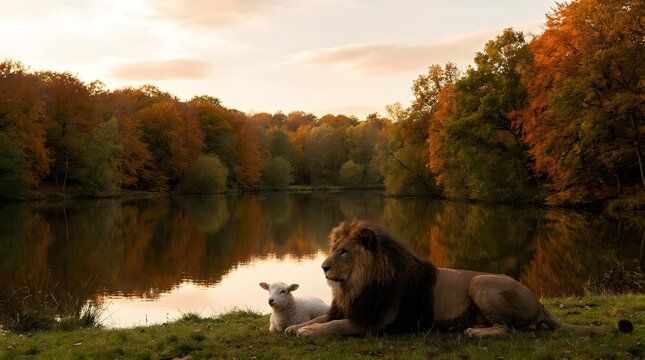 Lion and lamb resting together by a tranquil forest lake in autumn