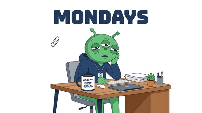 Exhausted green alien character sitting at office desk working on mondays