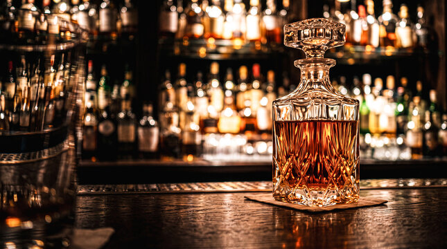 Amber Elixir in Crystal Decanter: A luxurious crystal decanter filled with rich amber liquid, likely whiskey or brandy, stands elegantly on a polished bar counter.