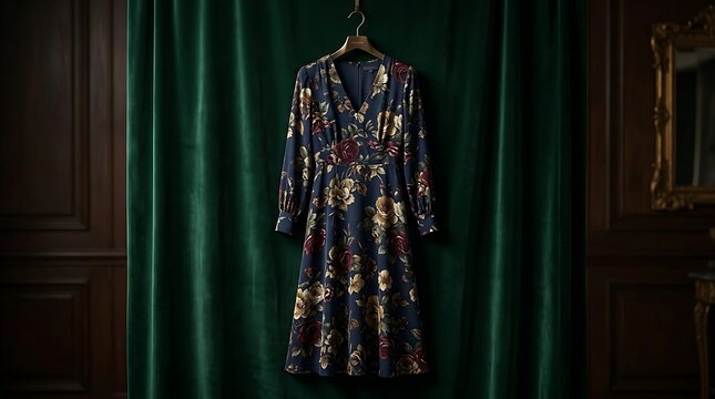 Elegant navy blue floral midi dress on a wooden hanger against green velvet curtains