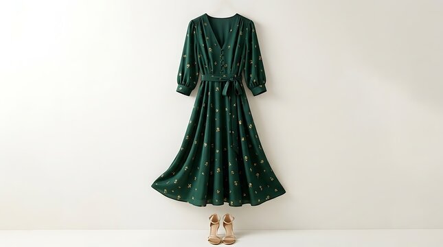 Elegant green floral dress with golden heels for summer fashion