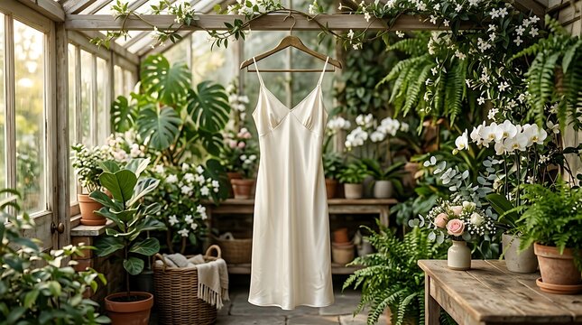 Elegant white satin dress hanging in a lush green botanical garden greenhouse
