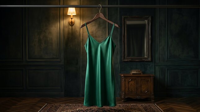 Elegant green satin slipdress hanging in luxurious dark room with wooden furniture