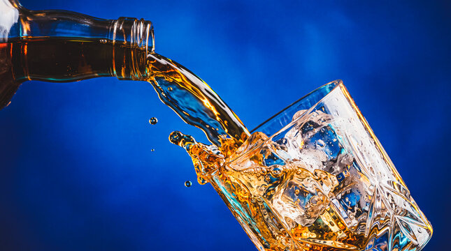 Whiskey Pour: A close-up shot captures the amber liquid of whiskey being poured from a bottle into a glass filled with ice, creating a dynamic splash against a vibrant blue background.