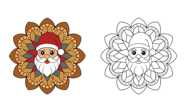 Santa Clause Mandala unique coloring page vector illustration