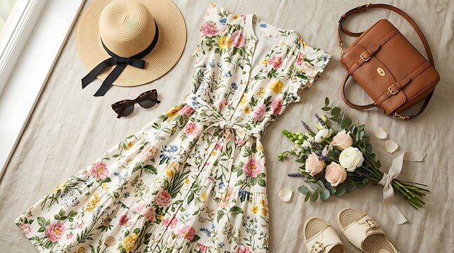Elegant summer outfit with floral dress and accessories on a bed