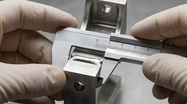 Engineer measuring a precision metal part with a vernier caliper.