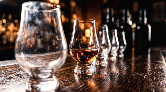 Whisky Tasting Flight: A curated selection of whisky glasses, each holding a different amber hue, lined up on a wooden bar top, hinting at a sophisticated tasting experience.