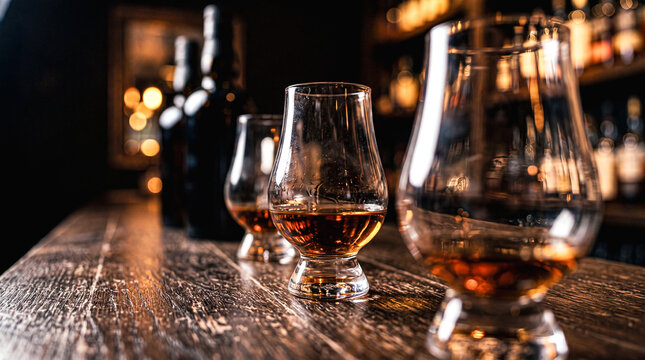 Whisky Tasting Experience: Three elegant glasses filled with amber whisky sit on a rustic wooden bar, inviting a sophisticated tasting journey through aroma and flavor.
