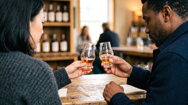 A Toast to Refinement: Two individuals share a moment of appreciation, raising glasses filled with amber liquid in a cozy establishment, suggesting a tasting or a shared experience of fine spirits.