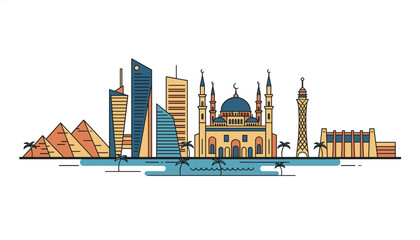 Obraz premium Historic and modern Cairo skyline illustration in Egypt featuring pyramids, mosque, and skyscrapers over Nile.