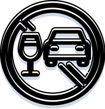 Prohibition symbol illustrating a wine glass next to a car, communicating the important safety message to avoid driving under the influence of alcohol for road safety