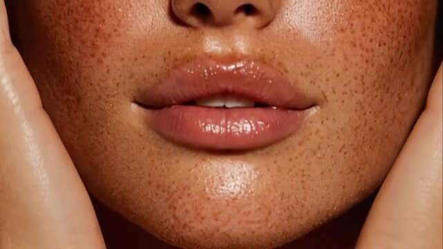 Close up of freckled chin and hands framing face